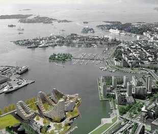 New Kalasatama (Fisherman's Wharf) site with reduced power-station. Illustration by Helsinki Municipal Planning Office.