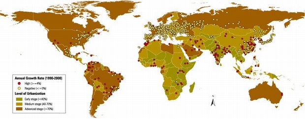 Cities experiencing very high or negative population growth rates betwen 1990 and 2000. Source: UN-HABITAT State of the World´s cities 2008/2009